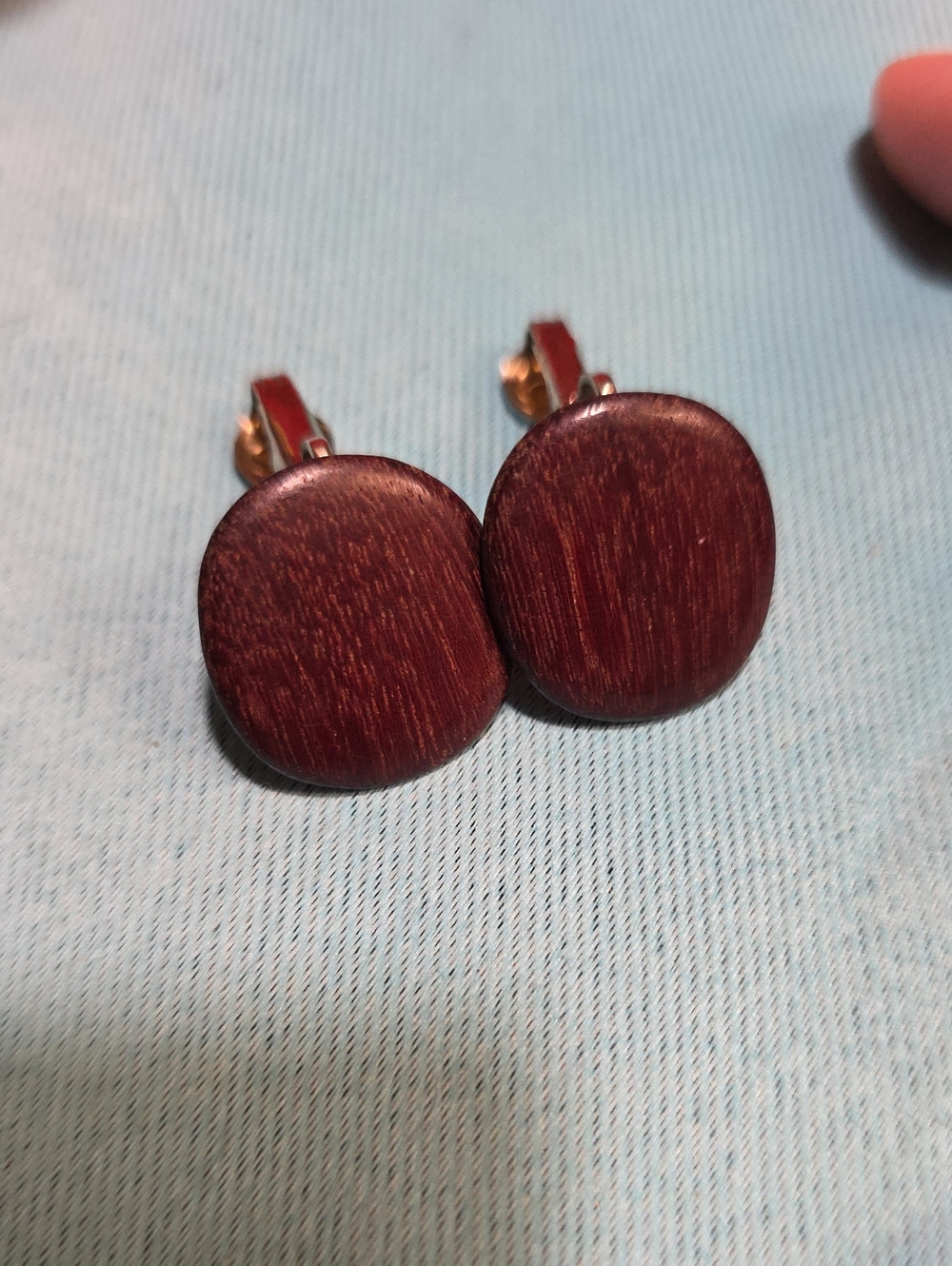 Round Wooden Button Clip On Earrings - Deep Mahogany Red